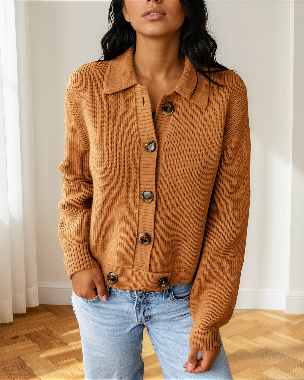 Scottie Ribbed Knit Collar Button Front Long Sleeve Cardigan