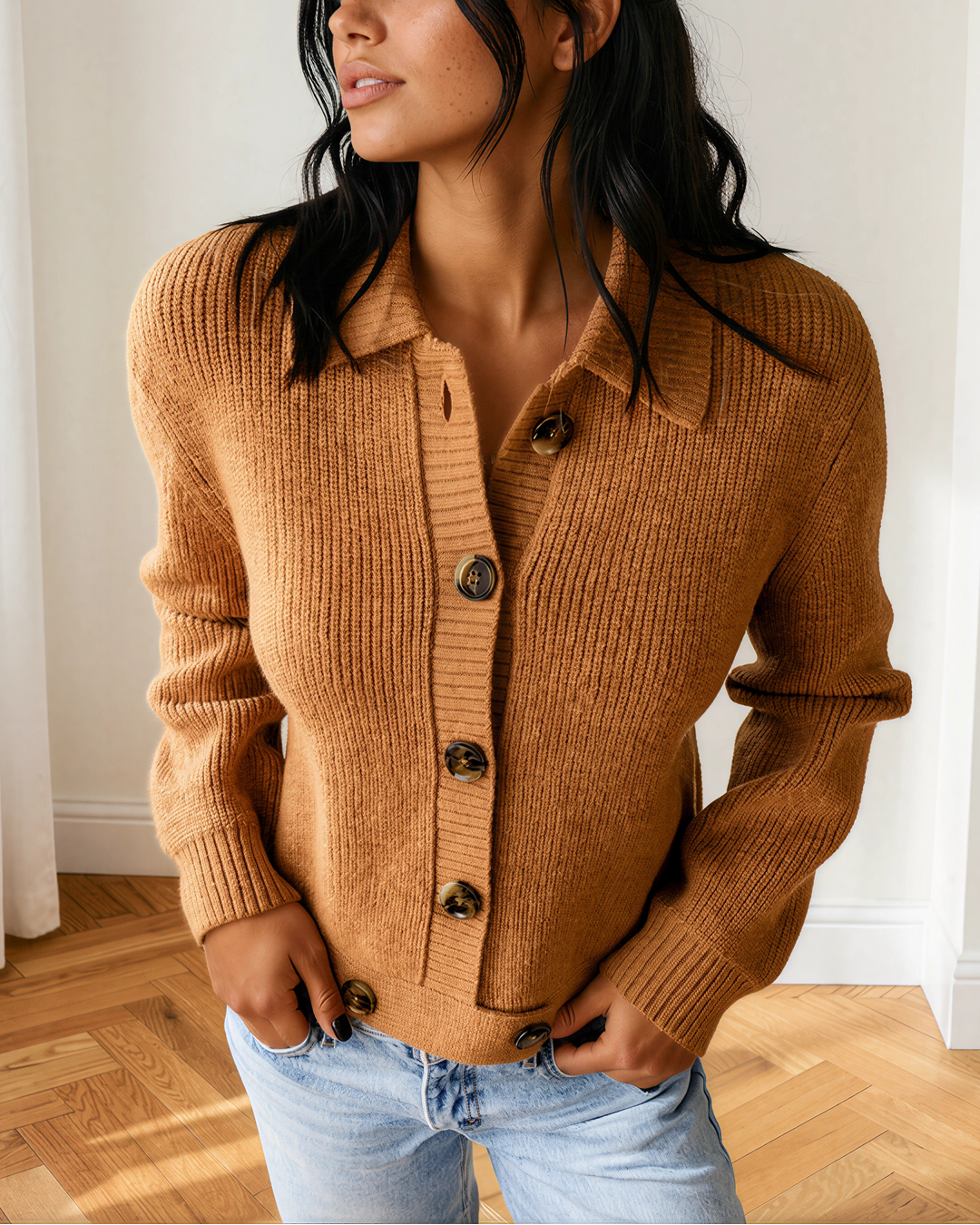 Scottie Ribbed Knit Collar Button Front Long Sleeve Cardigan