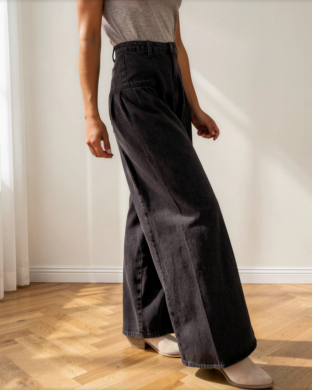 Billie Pleated Wide Leg Mineral Wash Denim Pants