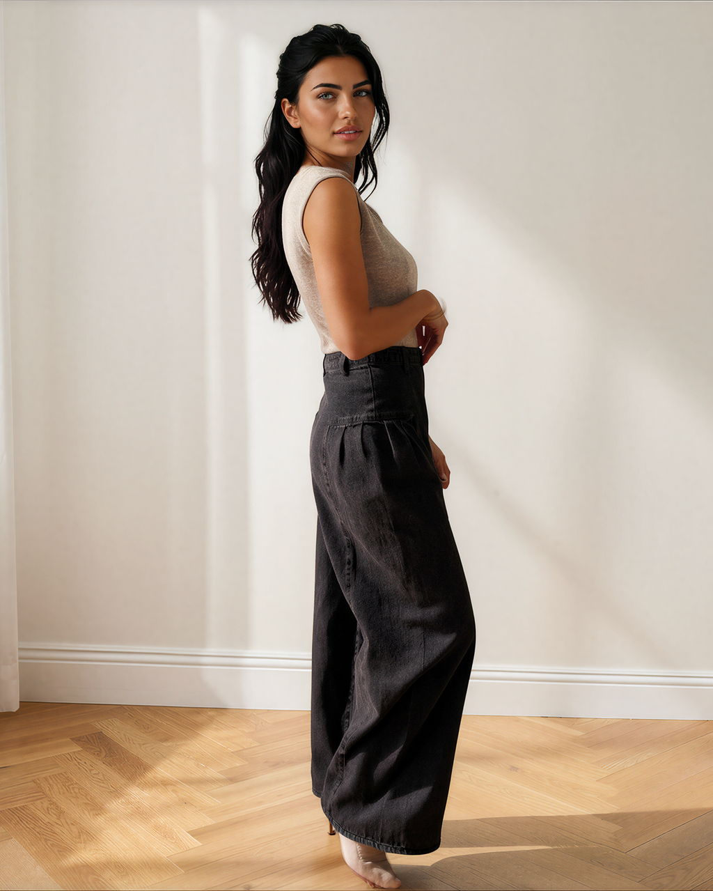 Billie Pleated Wide Leg Mineral Wash Denim Pants