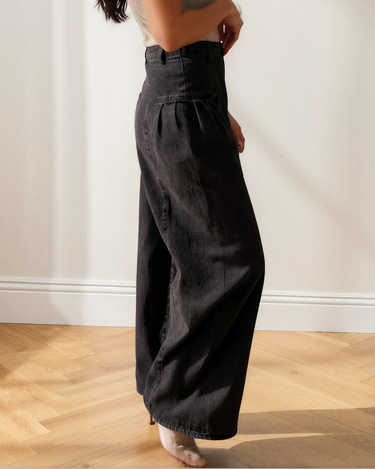 Billie Pleated Wide Leg Mineral Wash Denim Pants