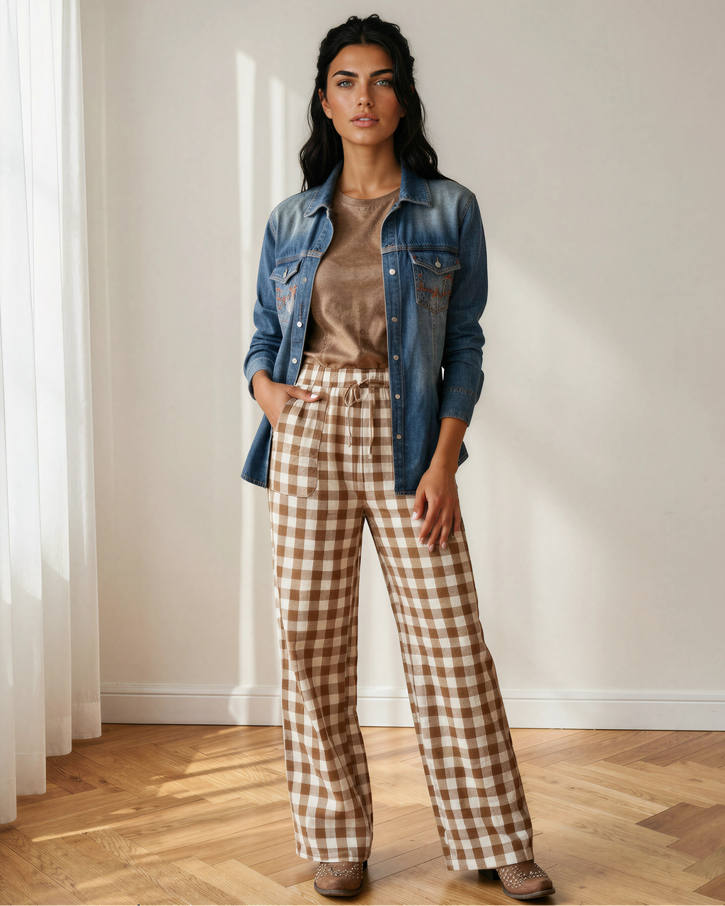 Gingham Tie Elastic Waist Shift Pants