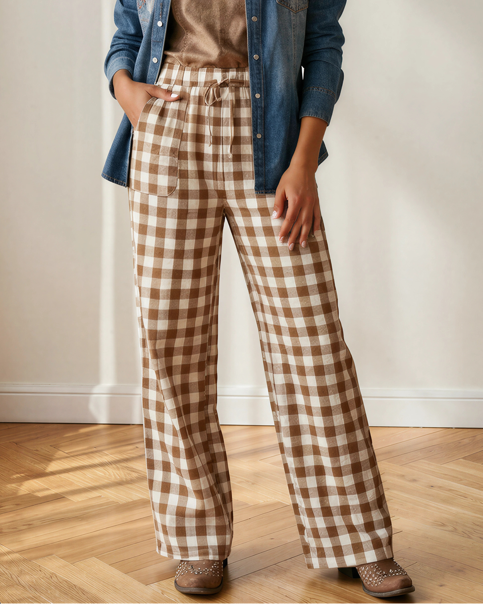 Gingham Tie Elastic Waist Shift Pants