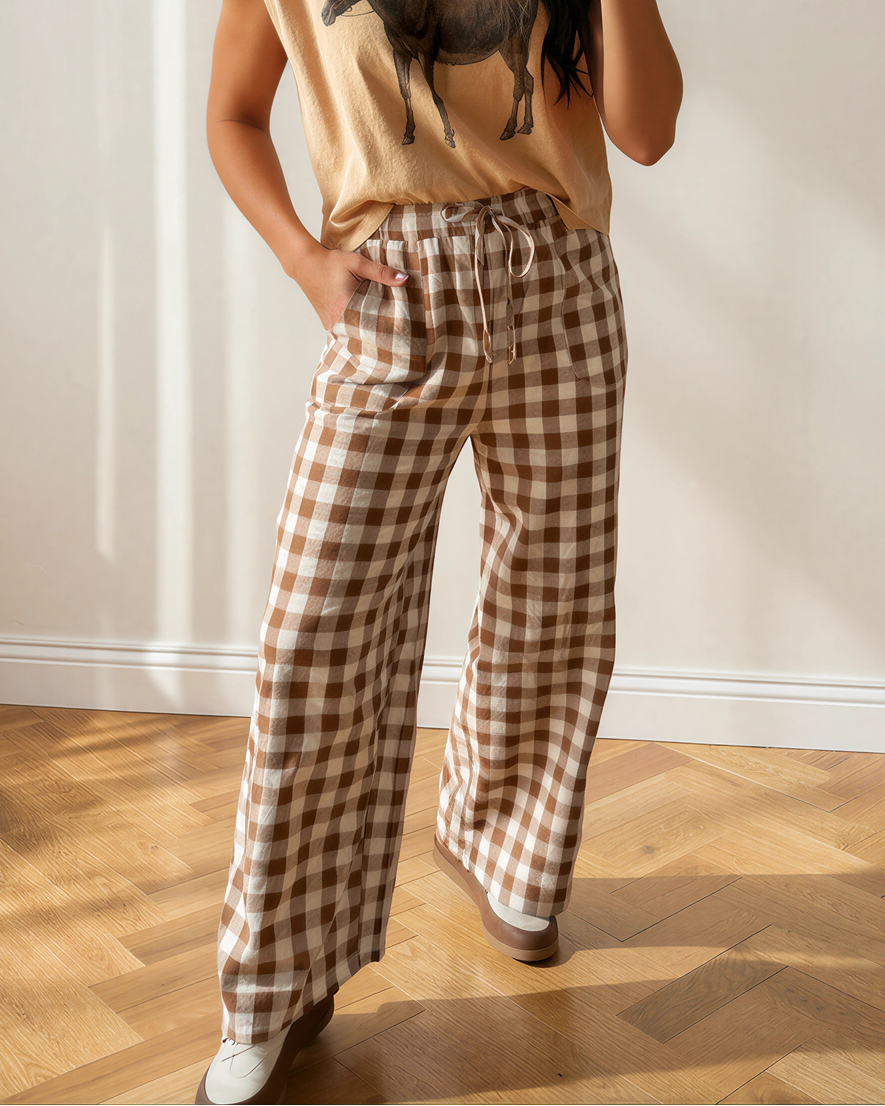Gingham Tie Elastic Waist Shift Pants