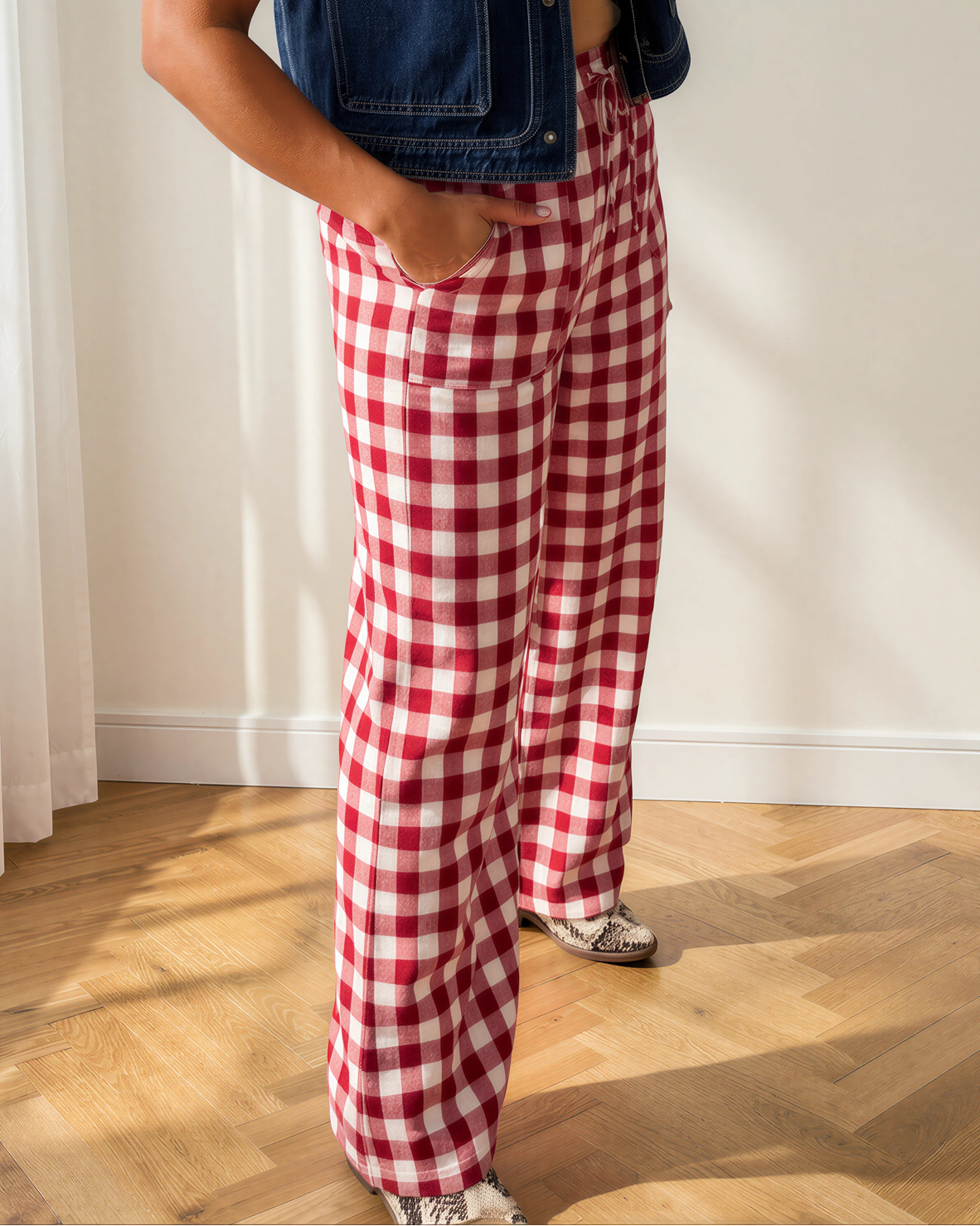 Gingham Tie Elastic Waist Shift Pants