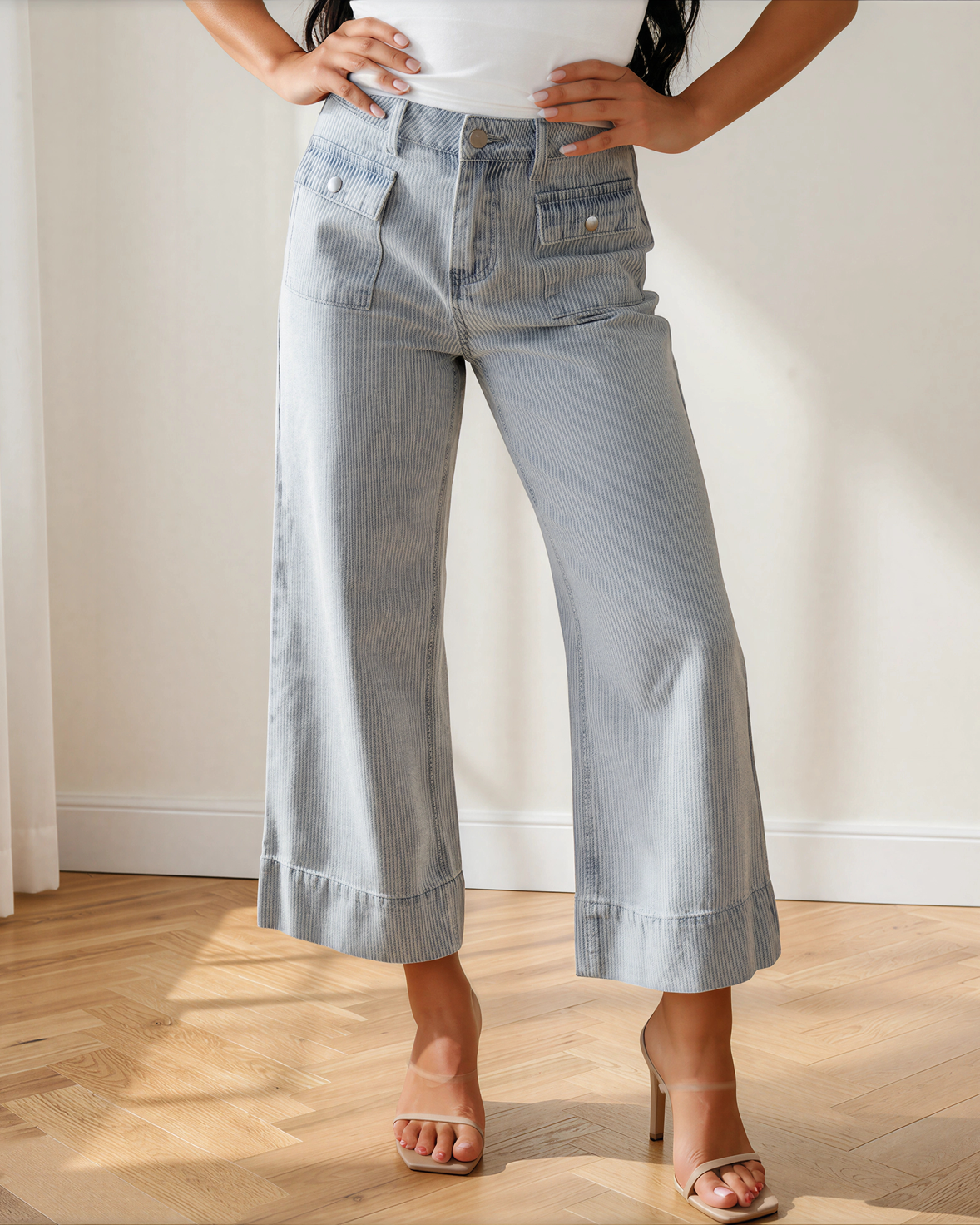 Camille Stripe Button Flap Pocket Cuffed Hem Wide Leg Jeans