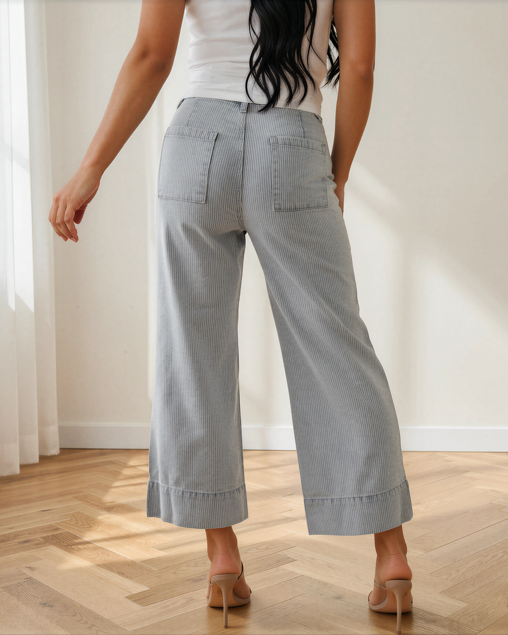Camille Stripe Button Flap Pocket Cuffed Hem Wide Leg Jeans