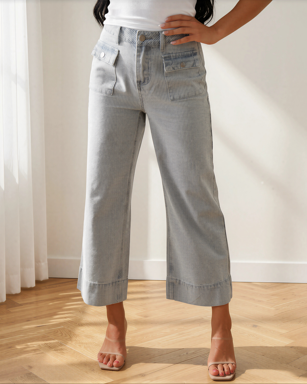 Camille Stripe Button Flap Pocket Cuffed Hem Wide Leg Jeans