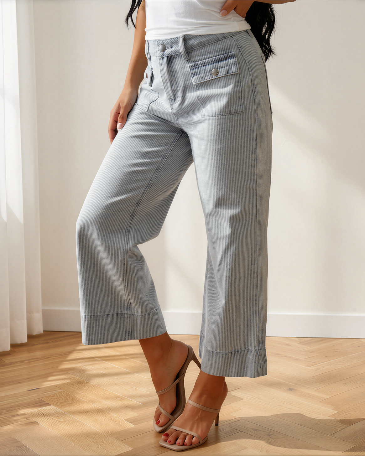 Camille Stripe Button Flap Pocket Cuffed Hem Wide Leg Jeans
