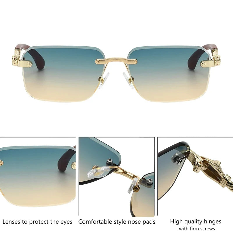 Vintage Rimless Photochromic Sunglasses Men 2026 Luxury Designer Square Frameless Leopard Head Sun Glasses Driving Eyewear Shade