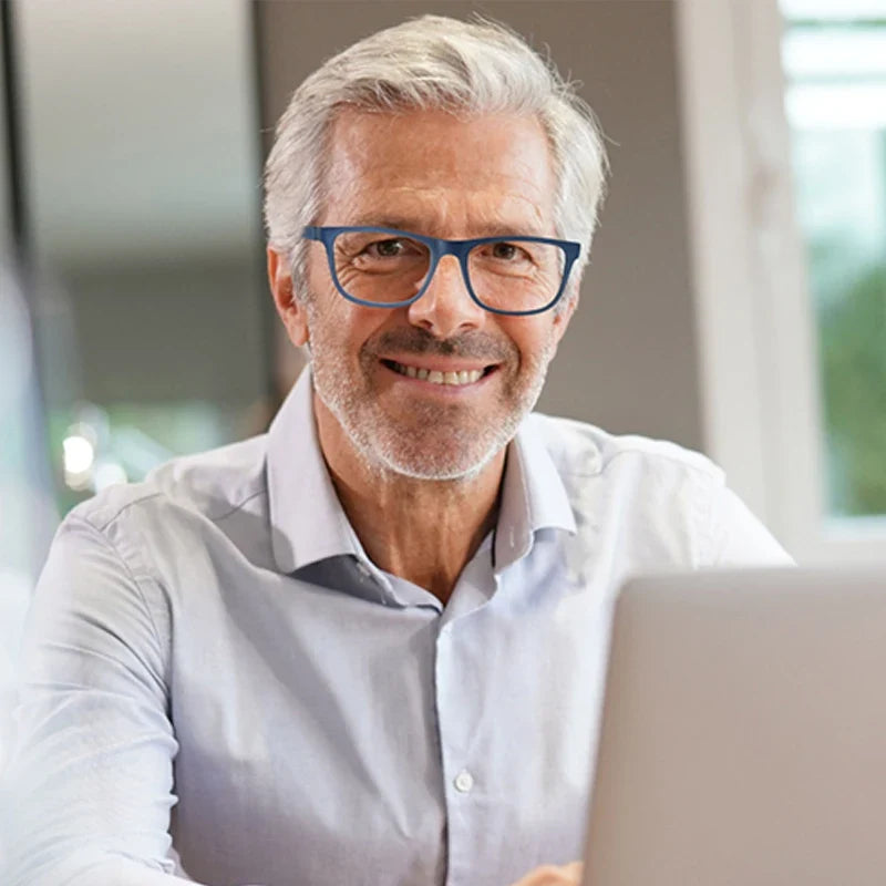 Extra-large reading glasses for men and women. Classic square frame. Blue light blocking glasses with prescription lenses.
