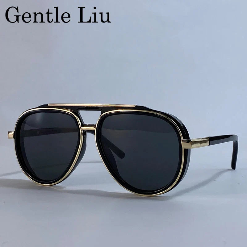 Oversized Polarized Oval Pilot Steampunk Sunglasses Men 2026 Luxury Brand Double Beam Sunglass For Male Classic Eyewear Shades