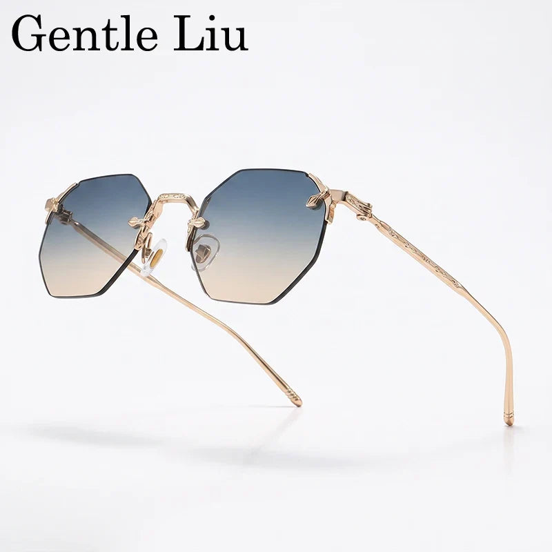 Vintage Rimless Octagon Sunglasses Men 2026 Luxury Designer Steampunk Gold Metal Frame Sun Glasses Retro Hip Hop Frameless Shade