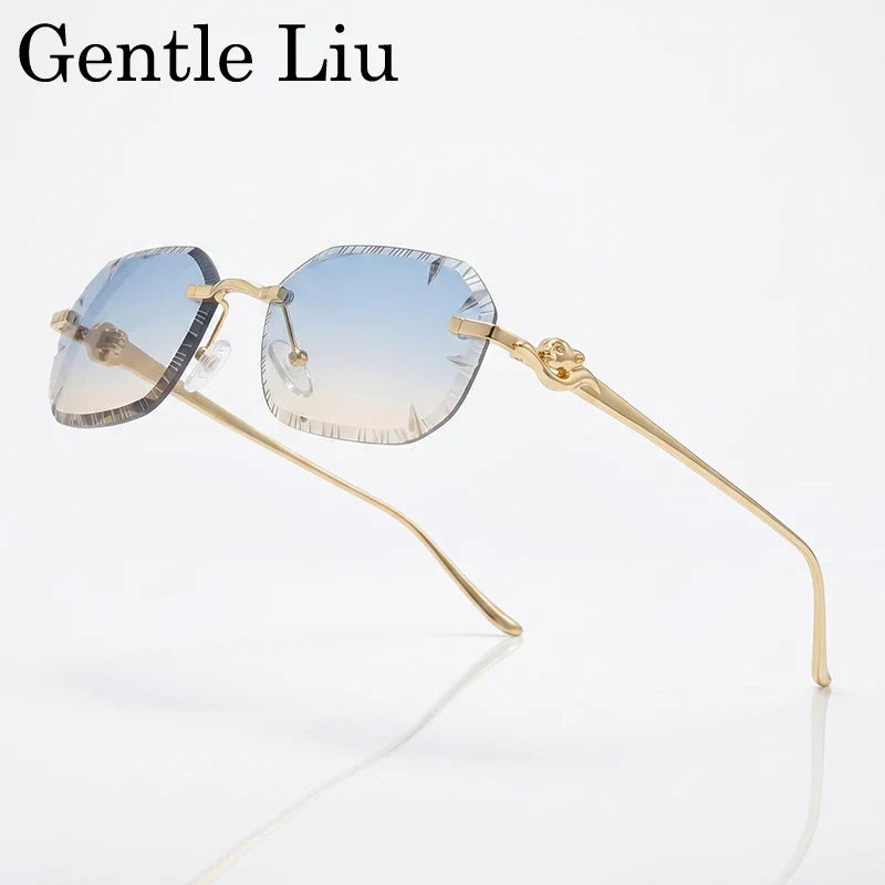 Small Rectangle Punk Rimless Sunglasses Men 2026 Luxury Designer Leopard Head Frameless Cut Edge Shades Retro Gold Metal Eyewear
