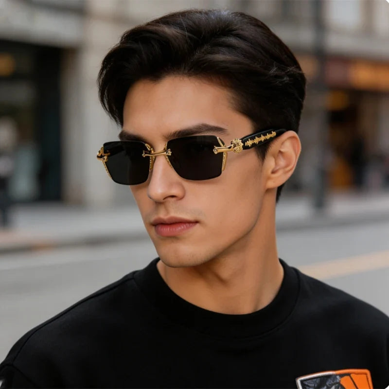 Unisex Rimless Business Glasses for Myopia, Featuring Metal Frames and Photochromic Lenses; Suitable for Daily Office Wear.