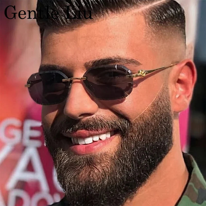 Small Rectangle Punk Rimless Sunglasses Men 2026 Luxury Designer Leopard Head Frameless Cut Edge Shades Retro Gold Metal Eyewear