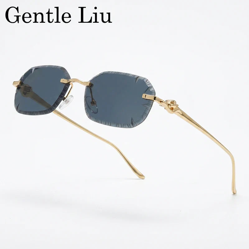 Small Rectangle Punk Rimless Sunglasses Men 2026 Luxury Designer Leopard Head Frameless Cut Edge Shades Retro Gold Metal Eyewear