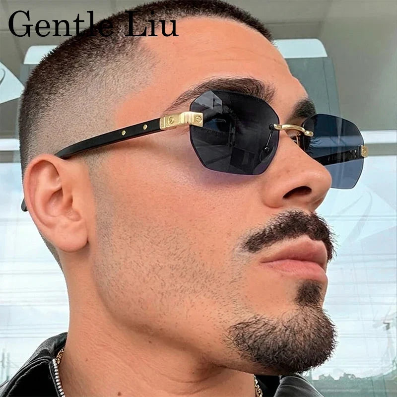 Small Square Rimless Sunglasses Men 2026 Luxury Designer Vintage Polygon Rectangle Shades Gold Metal Eyewear Retro Sun Glasses