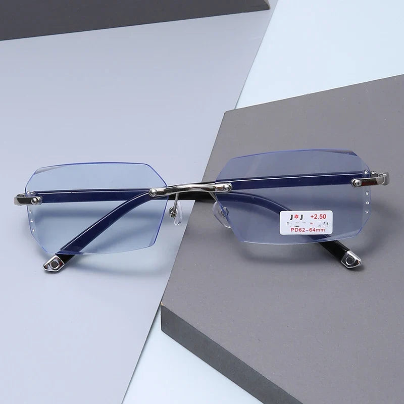 Diamond Studded Frameless Blue Light Reading Glasses for Men And Women with Blue Film Flat Light Cut Border