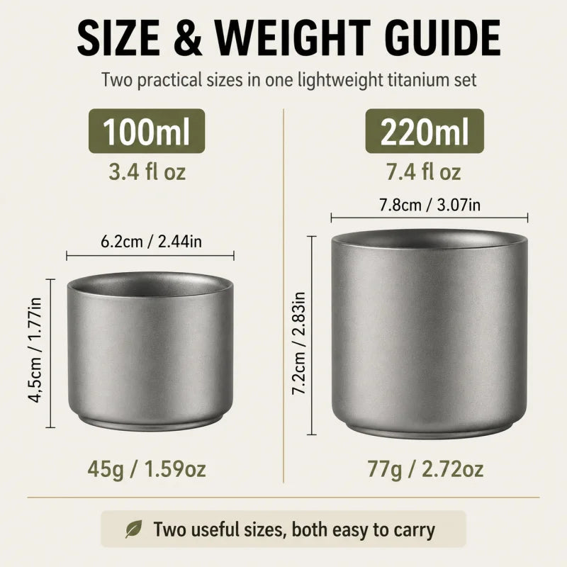 Pure Titanium Double-Wall Cup Set, 100ml & 220ml Coffee and Tea Cups, Lightweight Nesting Drinkware for Home Travel and Outdoors