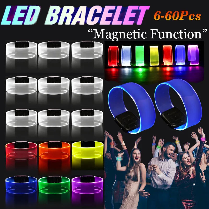 6-60Pcs LED Bracelets for Party Glow in The Dark Flashing Wristband 3 Modes Adjustable Light Up Armband for Wedding Party Favors