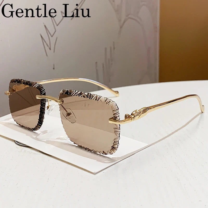 Fashion Square Rimless Punk Sunglasses Men 2025 Luxury Brand Cut Edge Frameless Sun Glasses For Male Leopard Head Eyewear Shades