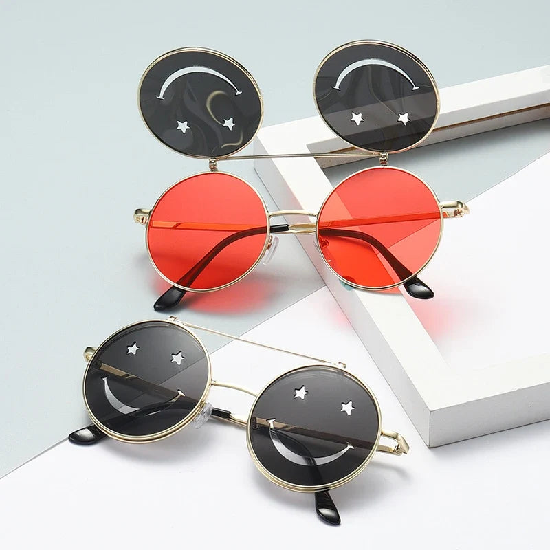 Trendy Smiley Face Flip-Up Sunglasses for Women Ocean Style Adjustable Nose Bridge UV400 Protection