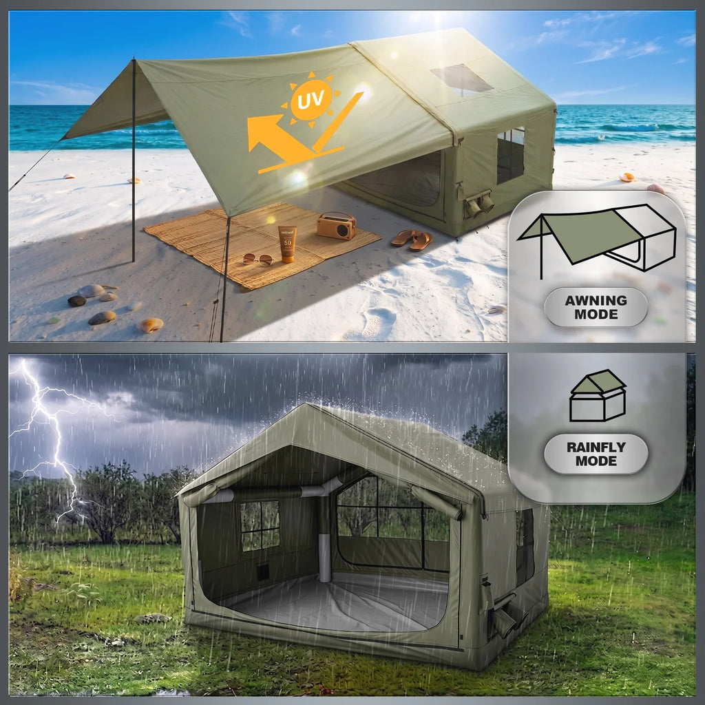 12'x10'Inflatable Camping Tent with Rainfly/Canopy for 4-6 Person,4 Season Blow up Tent with Pump Waterproof Easy Setup Air Tent
