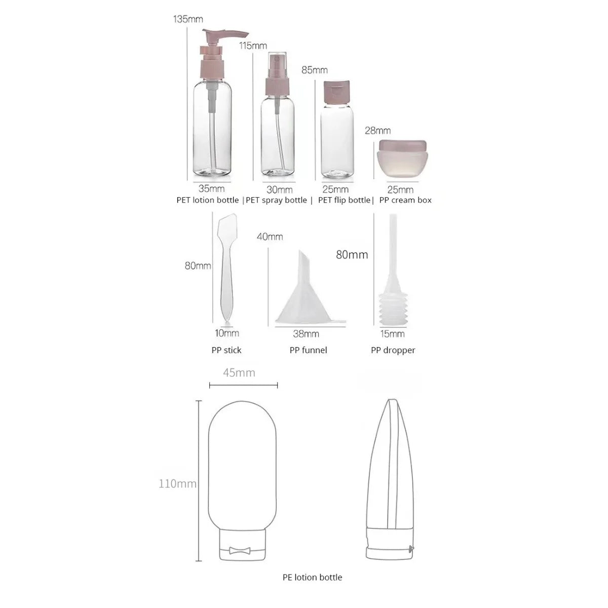 11Pcs Travel Bottles Set With Storage Bag Travel Size Empty Liquid Cream Lotion Containers Fine Mist Spray Bottle Squeeze Tubes