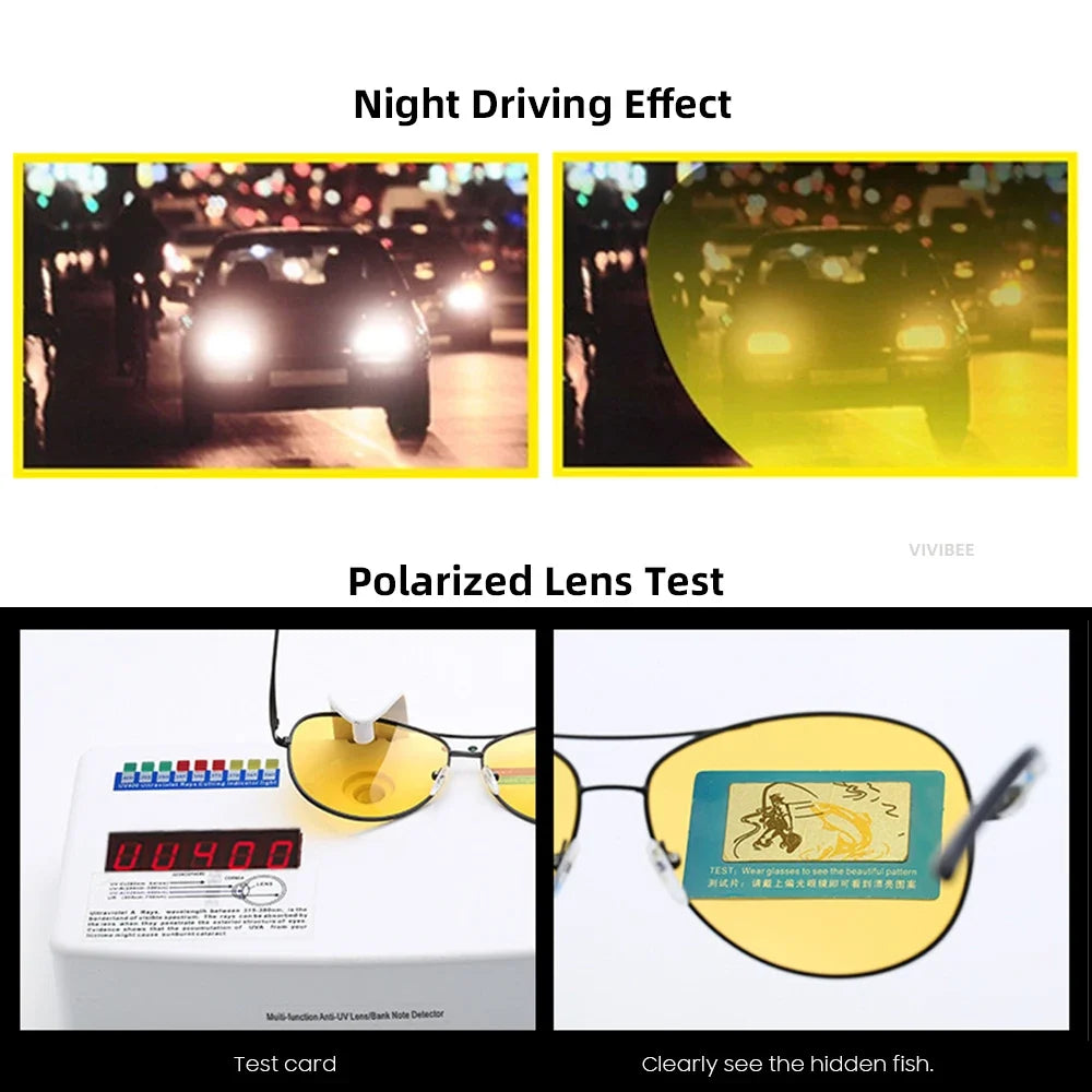 VIVIBEE Pilot Night Vision Glasses for Driving Nocturna Yellow Polarized UV400 Lens Aviation Goggles Men Nightvision Sunglasses