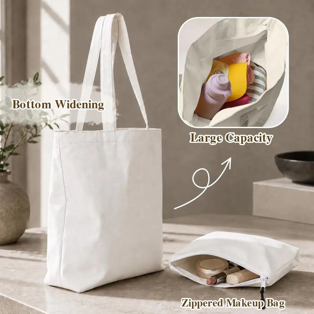 Fashion M-Mary Quant Storage Bags 2-Piece Canvas Tote Bag Set with Zipper Pouch Large Capacity Shopping Travel Bag