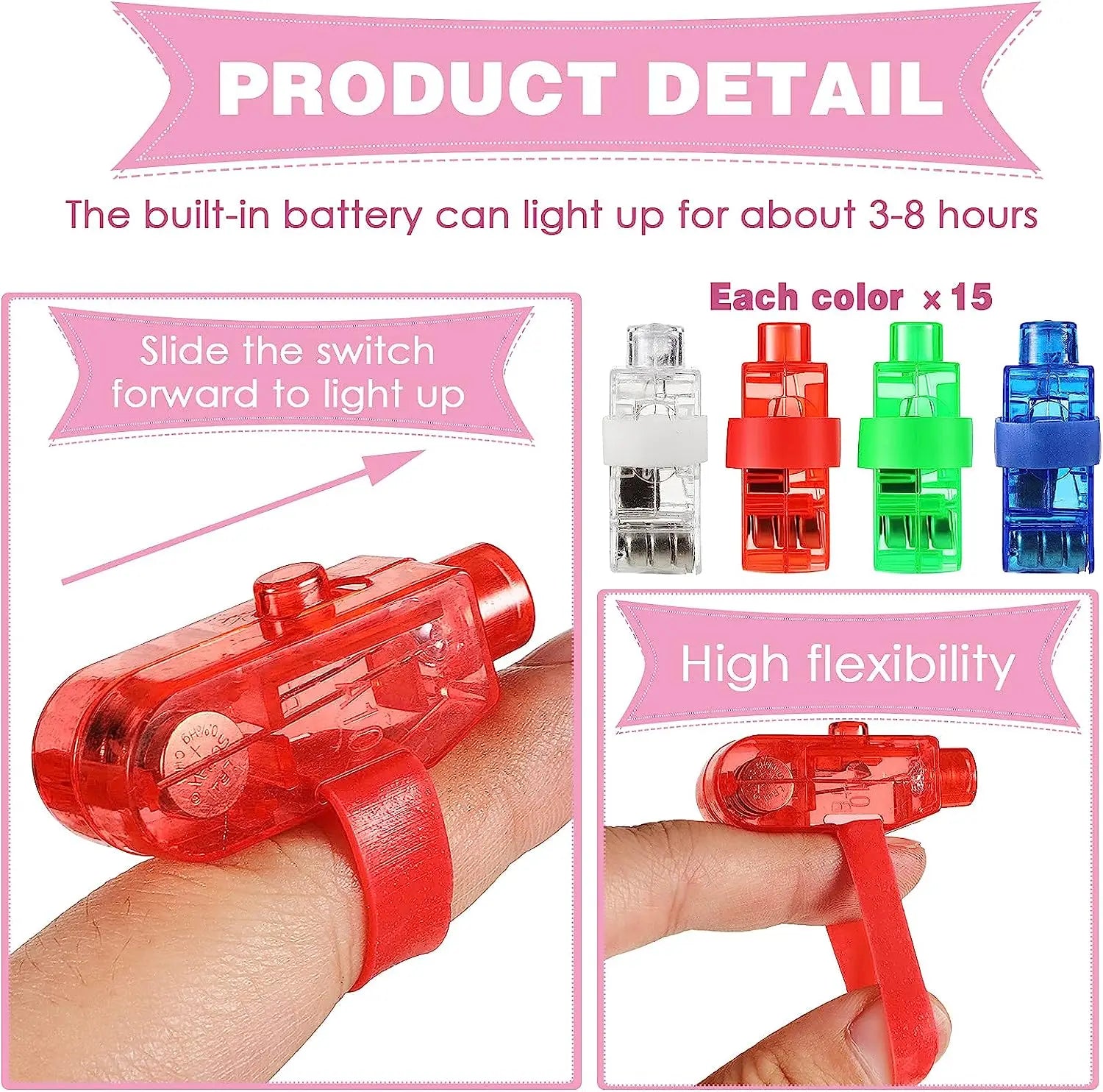 60pcs LED Laser Finger Ring Fingerlights LED Finger Lights Plastic Flashing Light Up Ring Finger Lights for Kids Halloween Raves