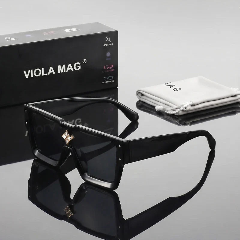 VIOLA MAG Fashion Diamond Set Large Frame Sunglasses, Simple Square Integrated Glasses, Unisex for Travel, with Glasses Bag