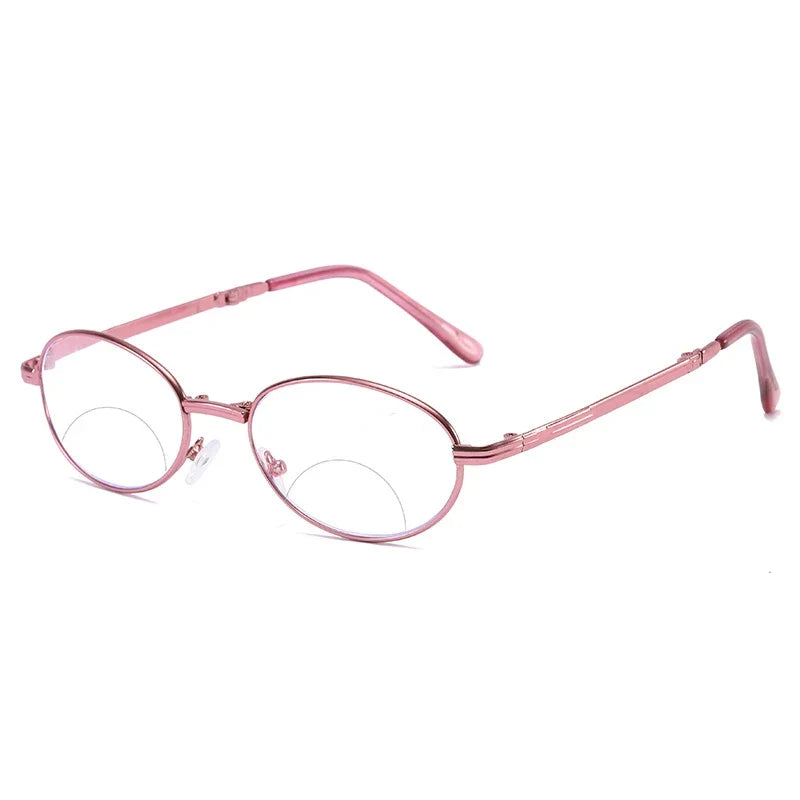 Women's bifocal reading glasses with anti-blue light, folding case, oval pink, for presbyopia.