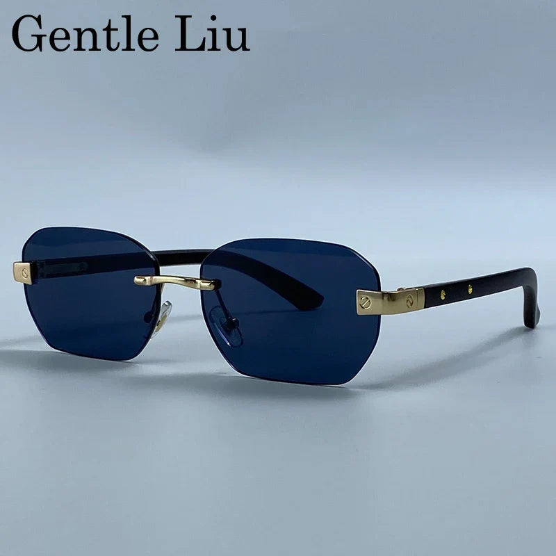 Small Square Rimless Sunglasses Men 2026 Luxury Designer Vintage Polygon Rectangle Shades Gold Metal Eyewear Retro Sun Glasses