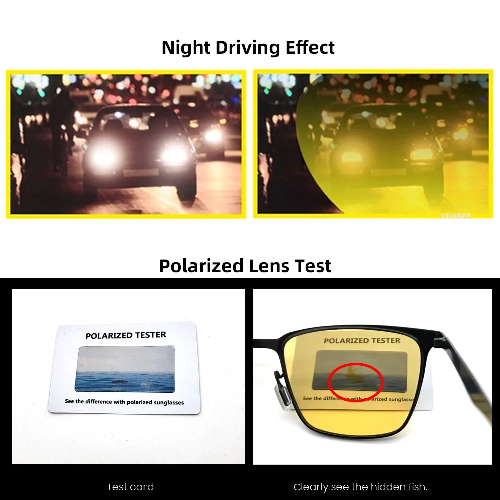 VIVIBEE Yellow Night Vision Glasses Metal Men Square Polarized Driving Lenses UV400 Sunglasses for Women 2026 Fishing Goggles