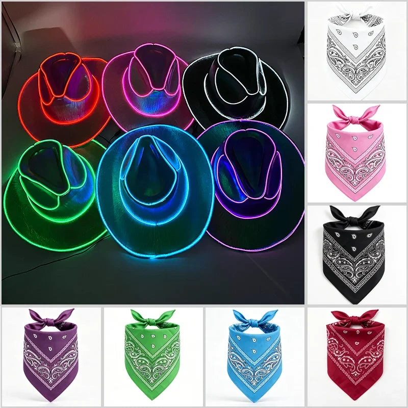 EL Wire Glowing  Cowboy Hat Square Bandana Scarf Set Neon Light Up Hat for Women Men Halloween Rave Party Cosplay Costume Outfit