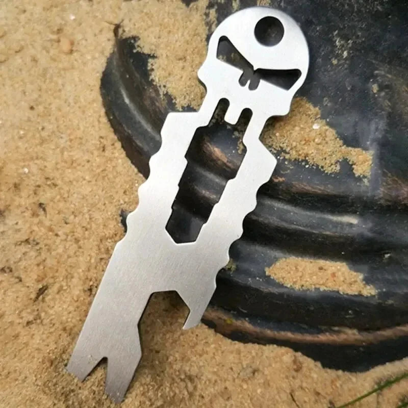 Stainless Steel Tactical EDC Multi-function Skull Keychain Tool Pocket Carry On Outdoor Crowbar Screwdriver
