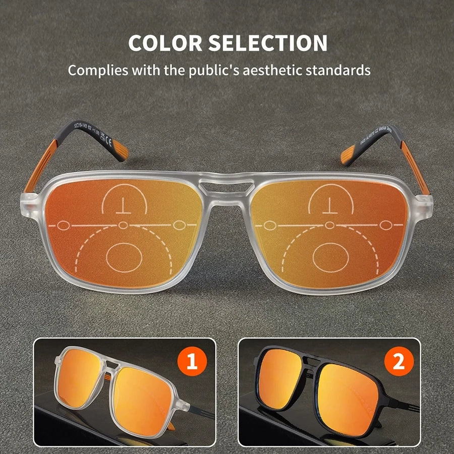 Men Square Progressive Multifocal Reading Glasses Coated Red Sunglasses Men's Ultralight Frames Luxury Designer Brand Eyewear