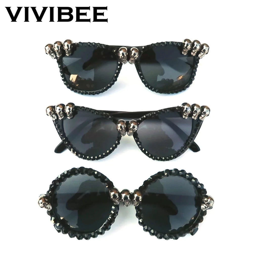 Women Vintage Skull Sunglasses Black Rhinestone Retro Cat Eye Sun Glasses for Ladies Round Gothic Halloween Shades