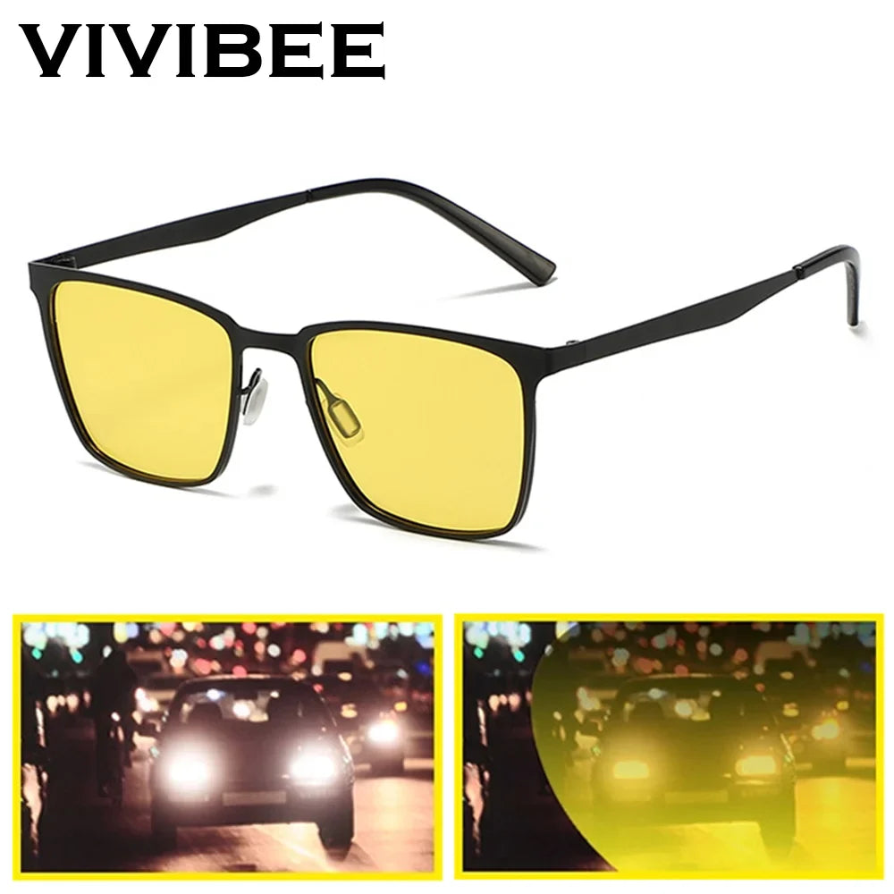 VIVIBEE Yellow Night Vision Glasses Metal Men Square Polarized Driving Lenses UV400 Sunglasses for Women 2026 Fishing Goggles