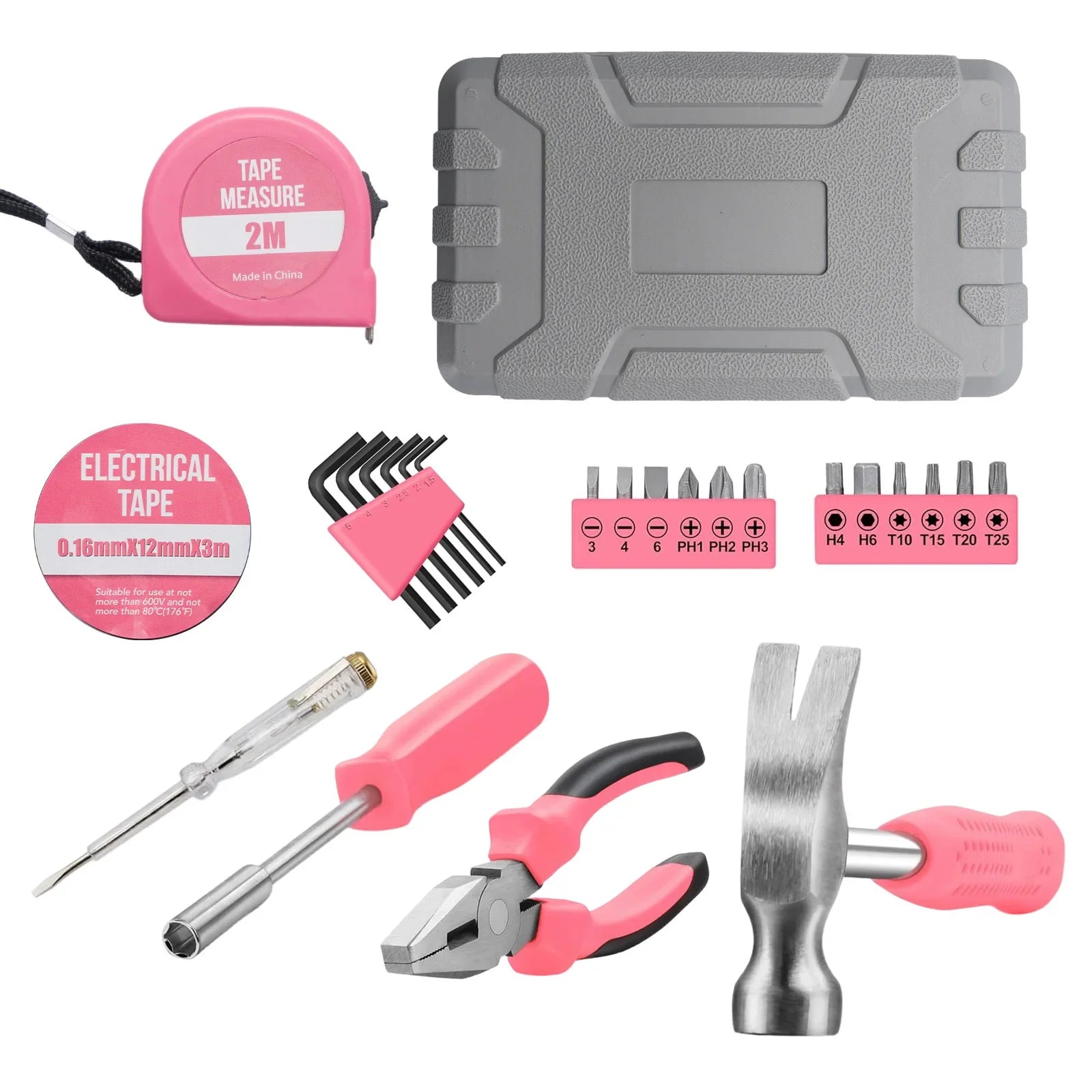 Pink Portable Hand Tools Combination Home Repair Tool Kit with Hammer Vise Wrench Screwdriver for DIY and Car Emergency