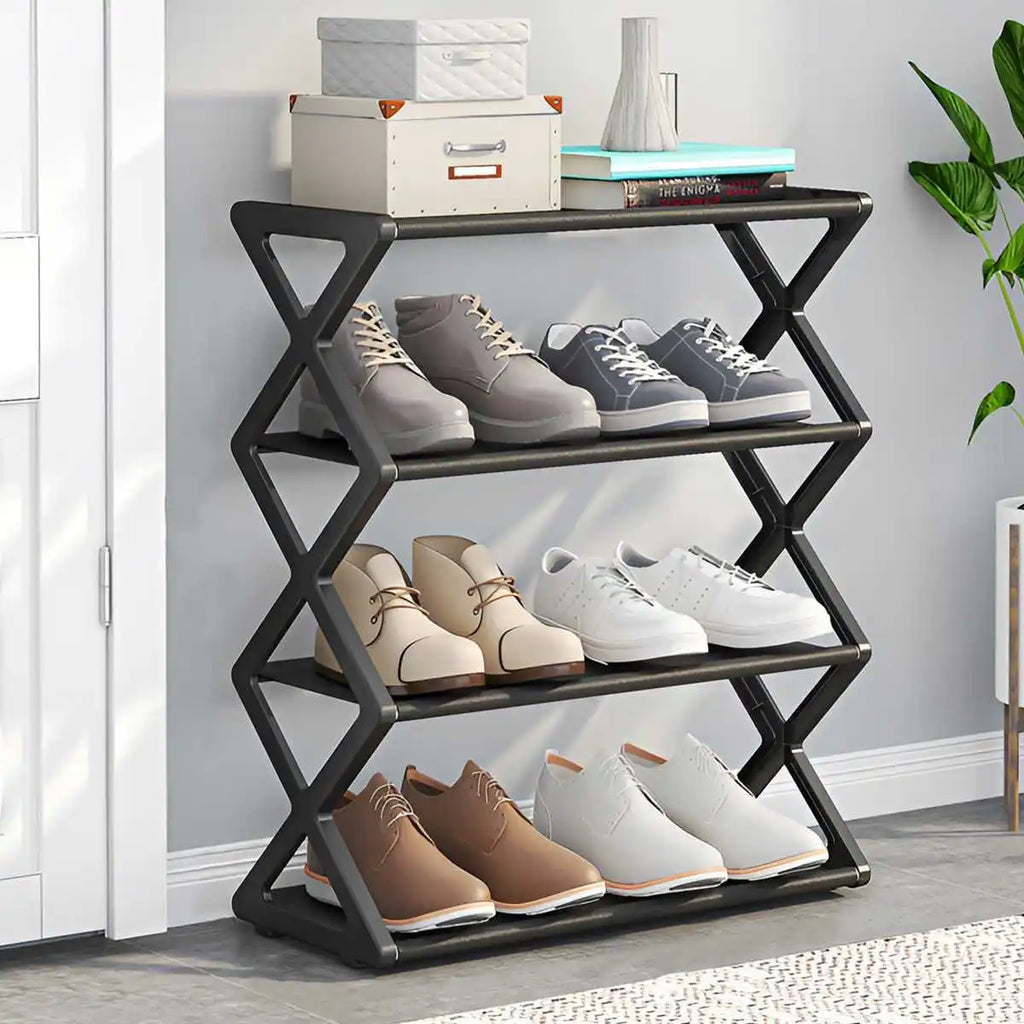Multifunctional 4 Level X Style Dust Proof Shoe Storage Rack For Entry Hall Bedroom Corridor Free Standing Shoe Organizer
