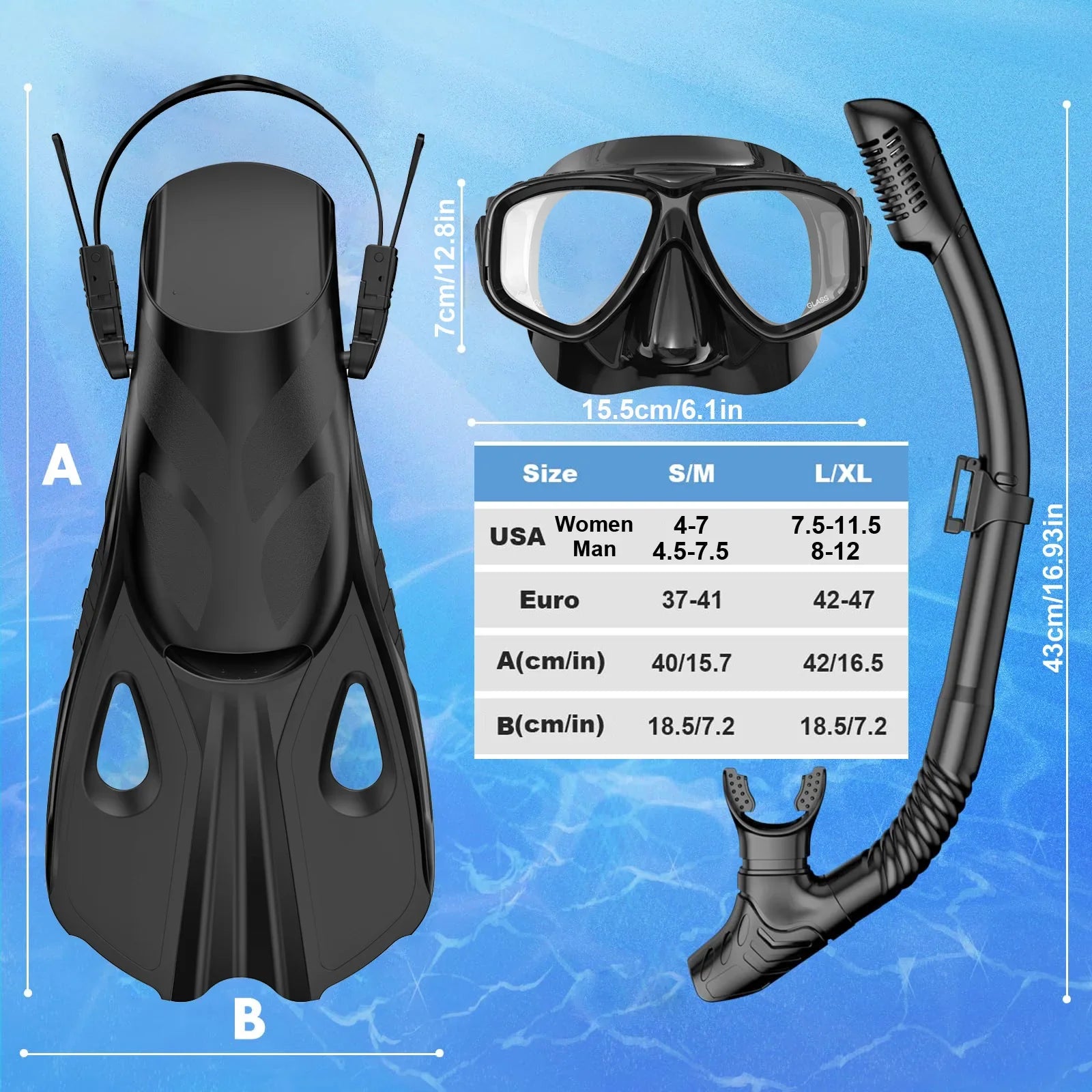 Mask Fins Snorkel Set 4 in 1 Panoramic View Dry Top Adjustable Short Dive Flippers Travel Bag Scuba Gear Diving Swimming Adults