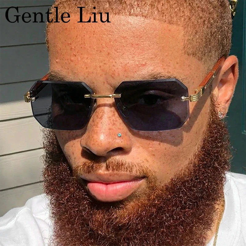 Rectangle Punk Rimless Sunglasses Men Vintage Polygon 2026 Luxury Brand Design Geometric Sun Glasses Male Hip Hop Eyewear Shades
