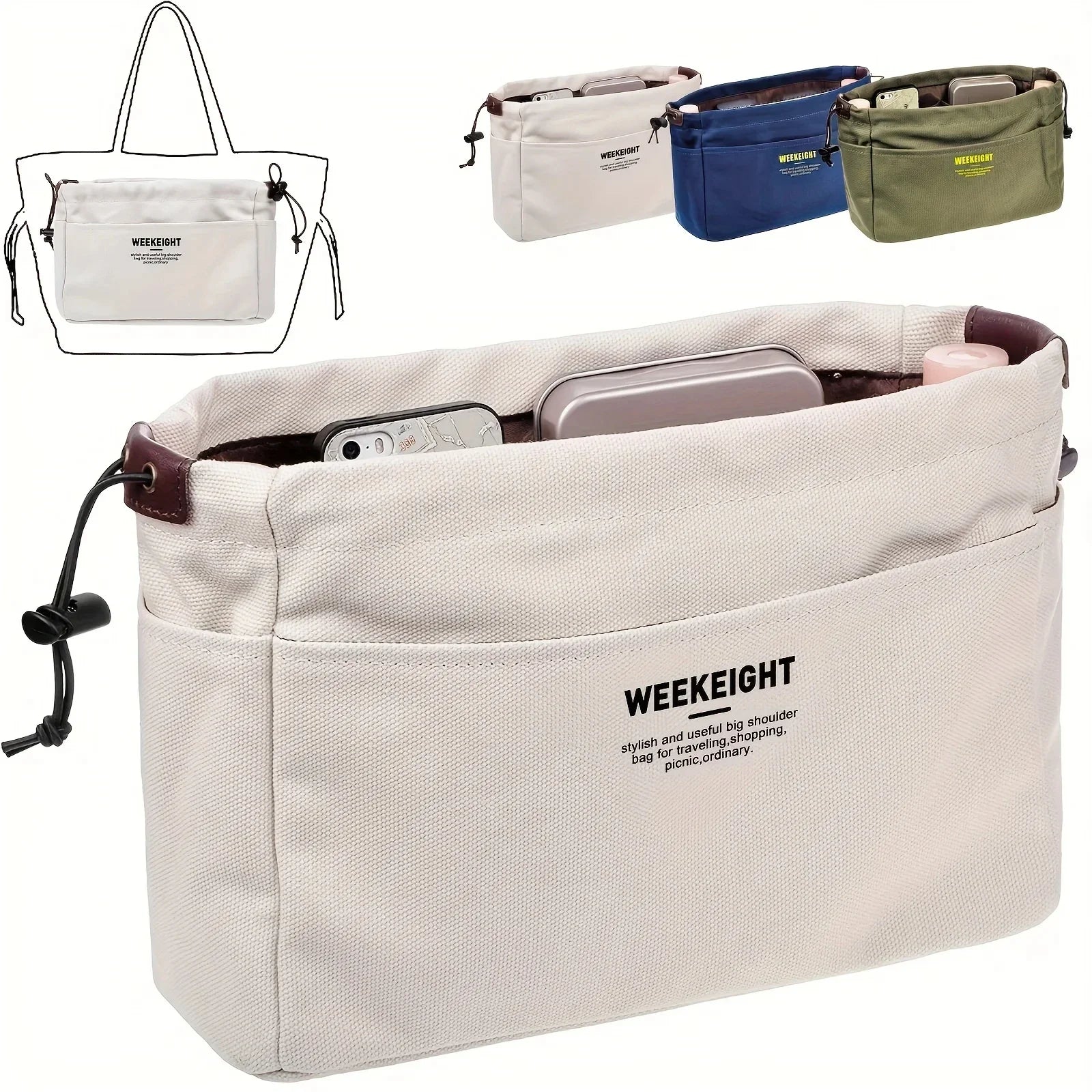 1/2pcs Drawstring Canvas Storage Organizers Multi-Pockets Liner Bag Lightweight Portable Travel Storage Bag