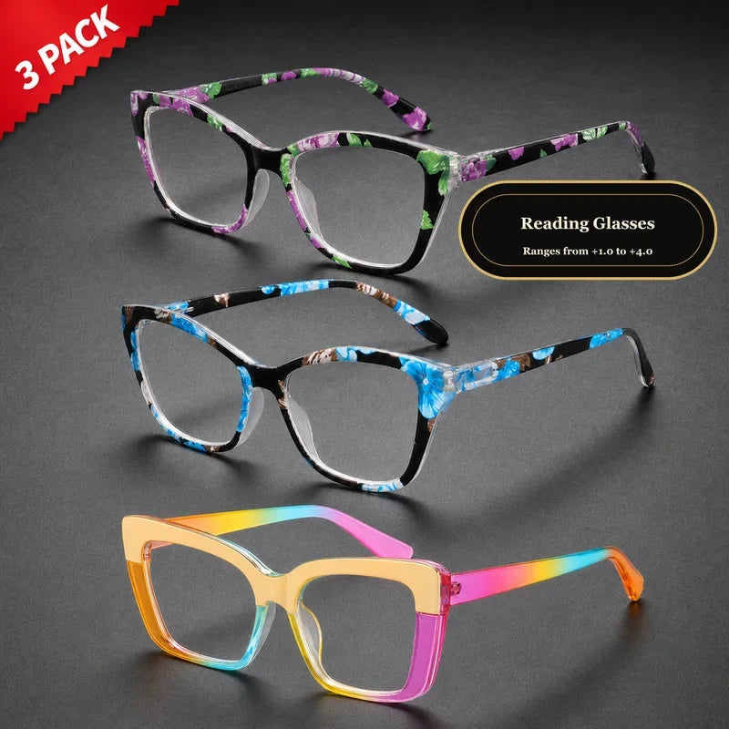 3 Pack Floral Cat Eye Reading Glasses for Women, Mixed Flower & Gradient Color Fashion Presbyopic Glasses Set