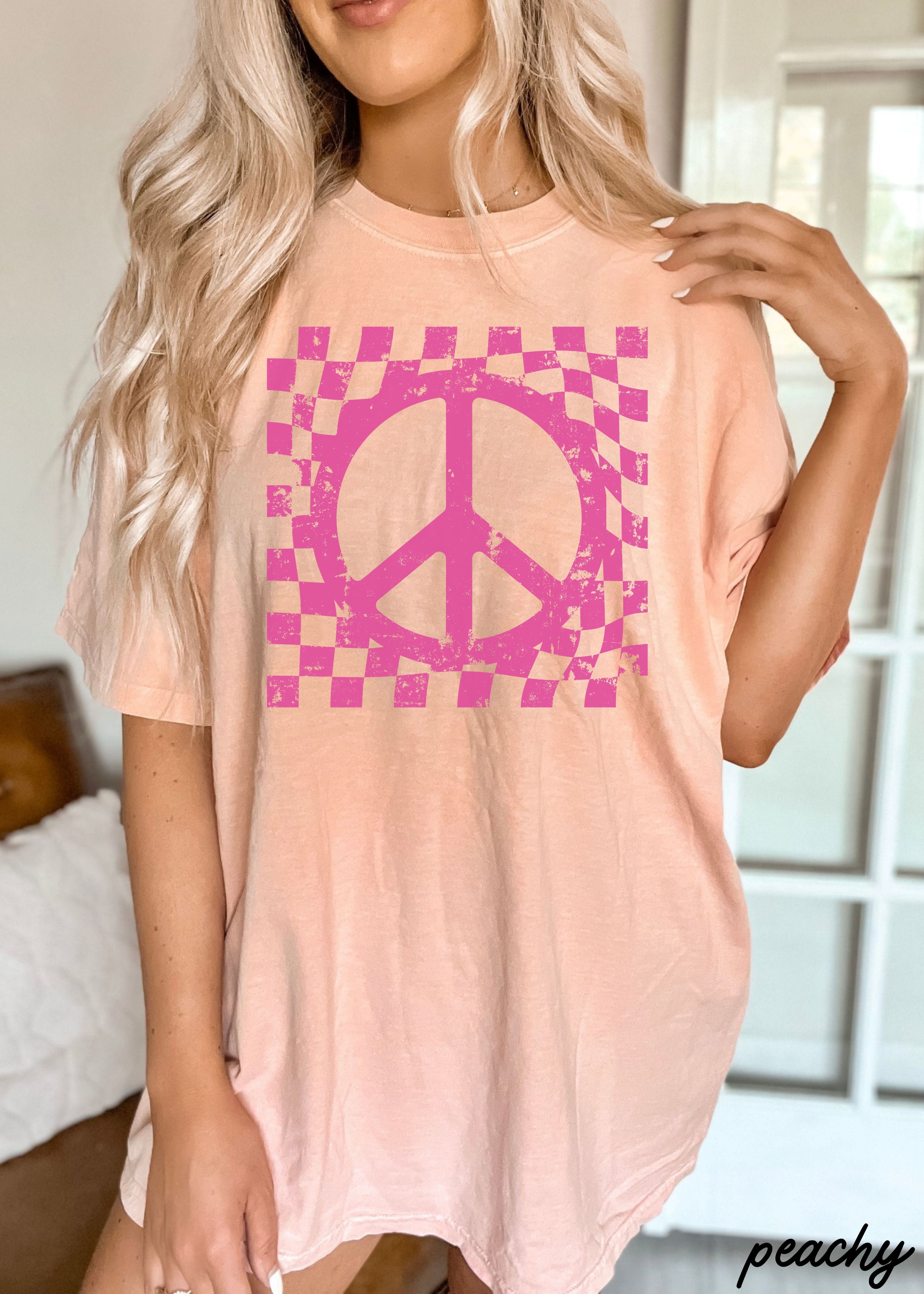 Checkered Peace Sign Tee *12 Colors (S-3X)