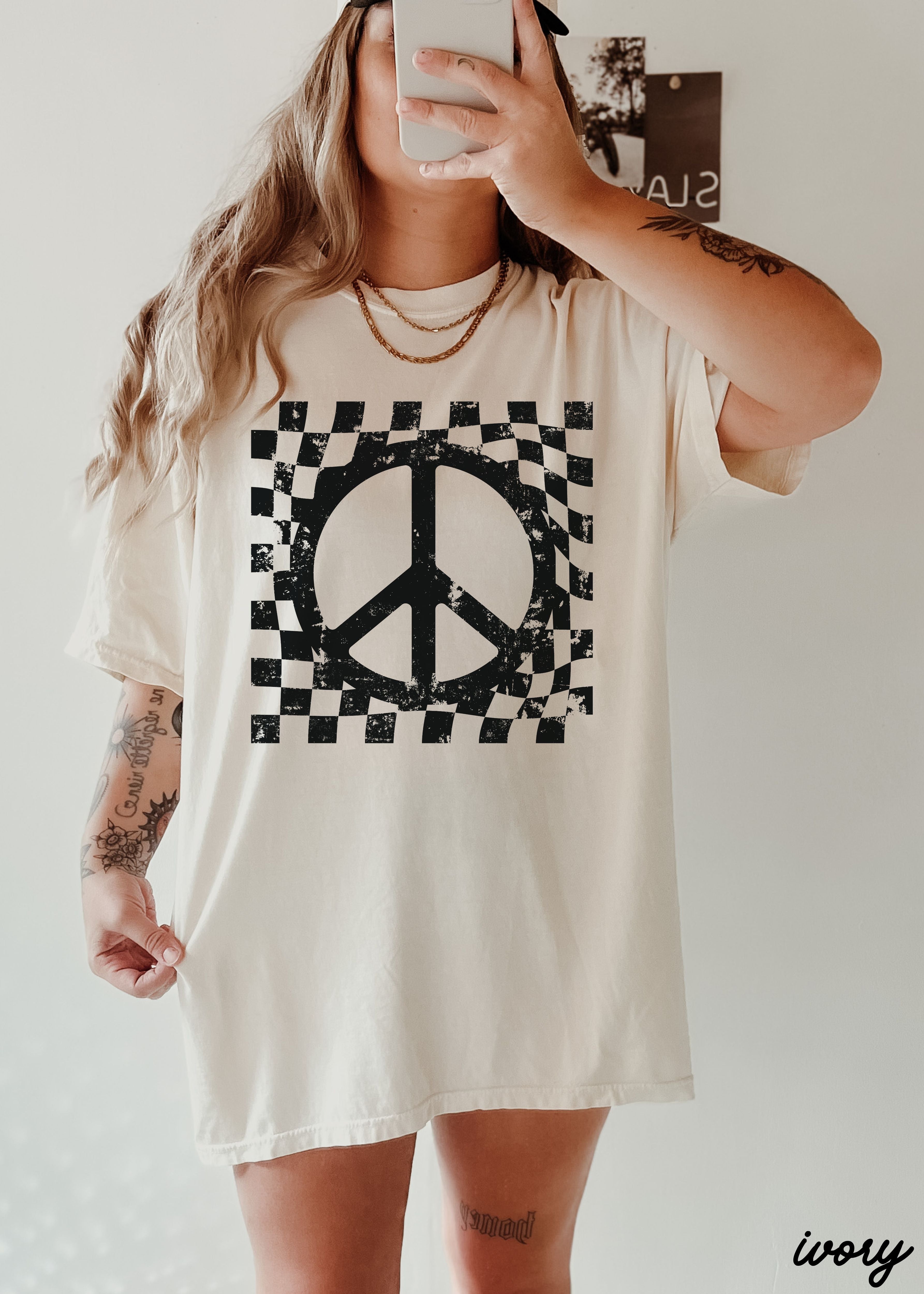 Checkered Peace Sign Tee *12 Colors (S-3X)