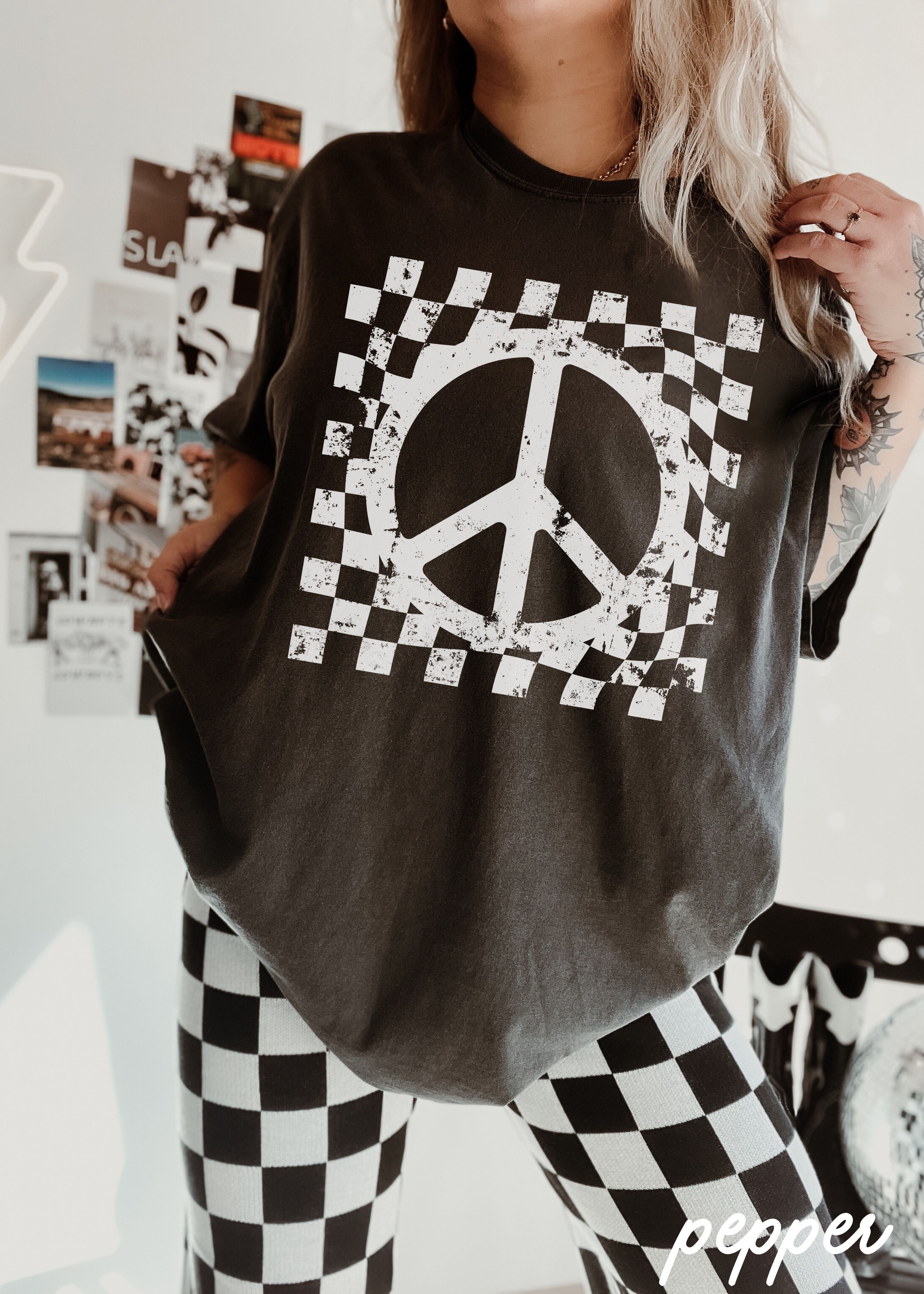 Checkered Peace Sign Tee *12 Colors (S-3X)
